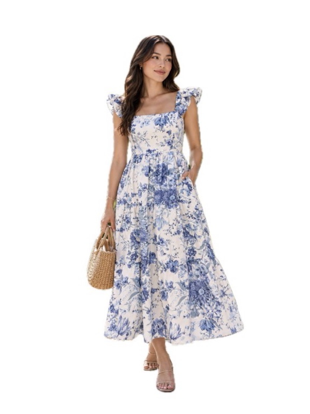 Edited Pieces, Bellaire Blue White Floral Ruffle Maxi Dress, Sixe S